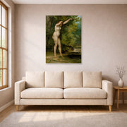 Unframed poster print of Gustave Courbet's The Young Bather displayed on a wall in a living room