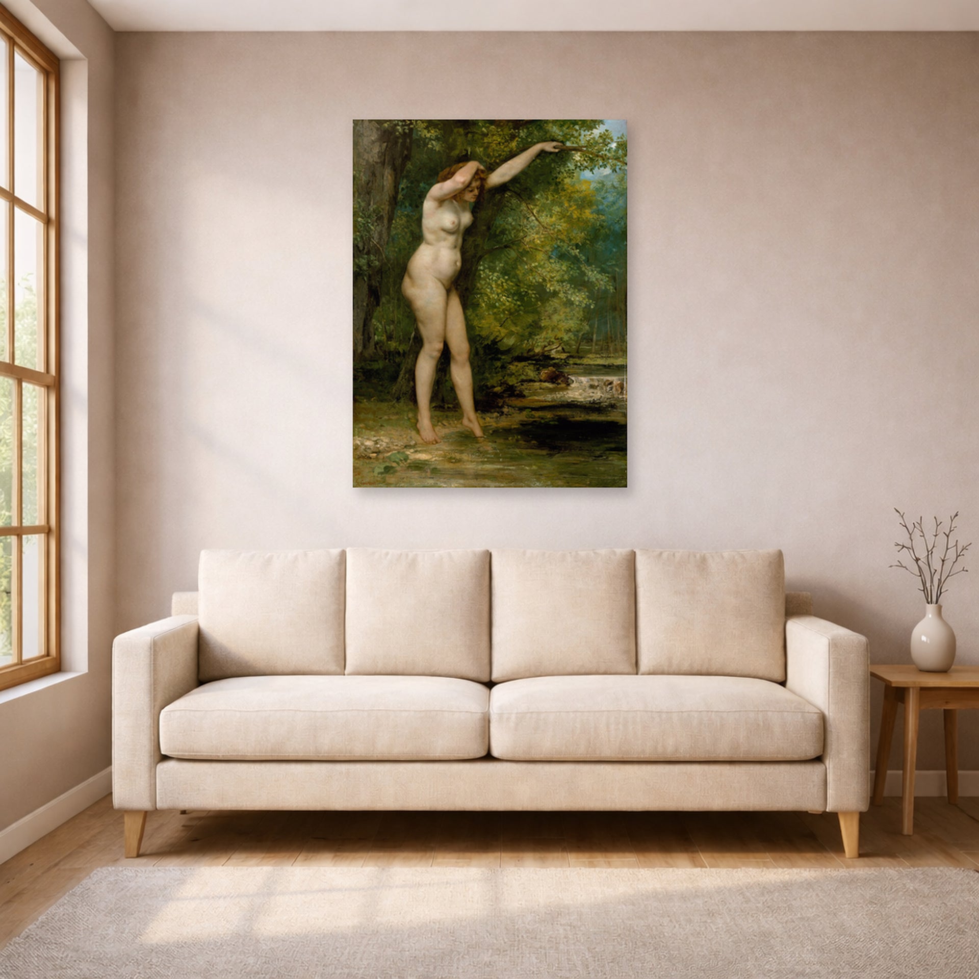 Unframed poster print of Gustave Courbet's The Young Bather displayed on a wall in a living room