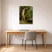 Unframed poster print of Gustave Courbet's The Young Bather displayed on a wall in a home office