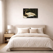 Gallery-wrapped canvas print of Gustave Courbet's Woman with a Parrot displayed on a wall in a bedroom