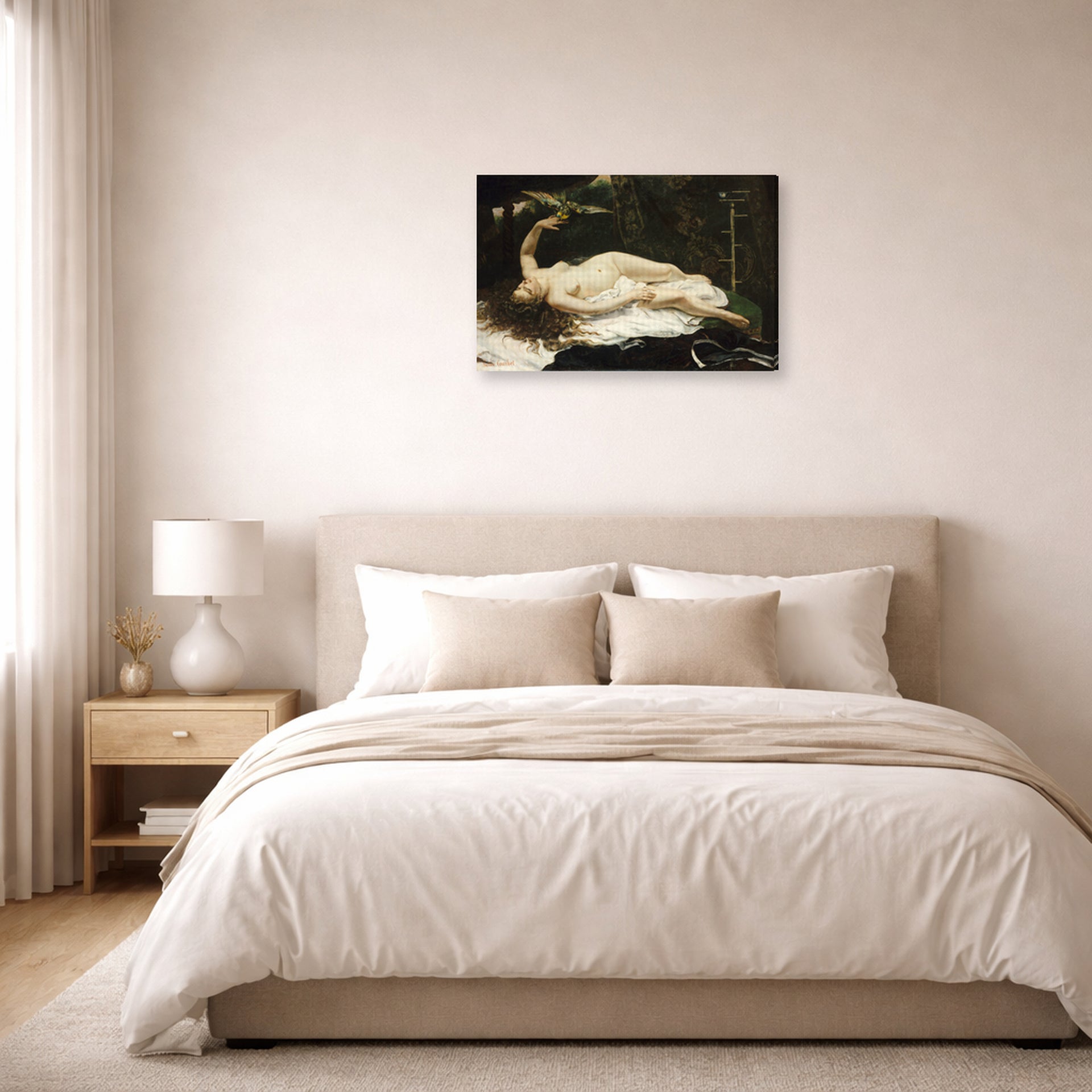 Gallery-wrapped canvas print of Gustave Courbet's Woman with a Parrot displayed on a wall in a bedroom