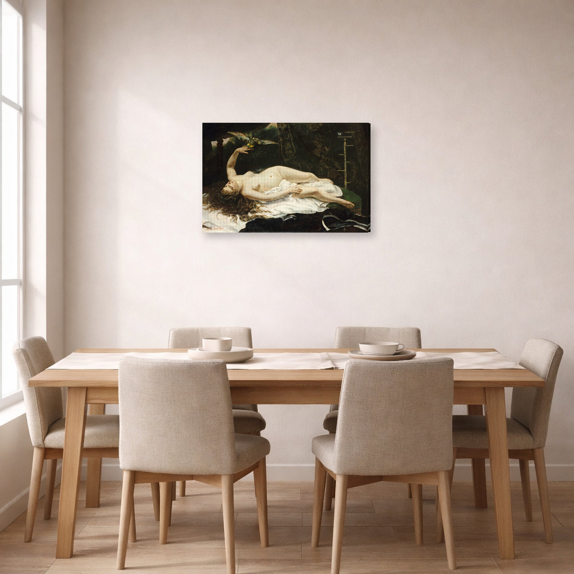 Gallery-wrapped canvas print of Gustave Courbet's Woman with a Parrot displayed on a wall in a dining room