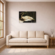 Gallery-wrapped canvas print of Gustave Courbet's Woman with a Parrot displayed on a wall in a living room