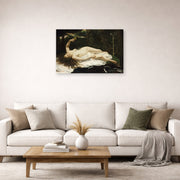 Gallery-wrapped canvas print of Gustave Courbet's Woman with a Parrot displayed on a wall in a living room