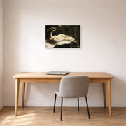 Gallery-wrapped canvas print of Gustave Courbet's Woman with a Parrot displayed on a wall in a home office