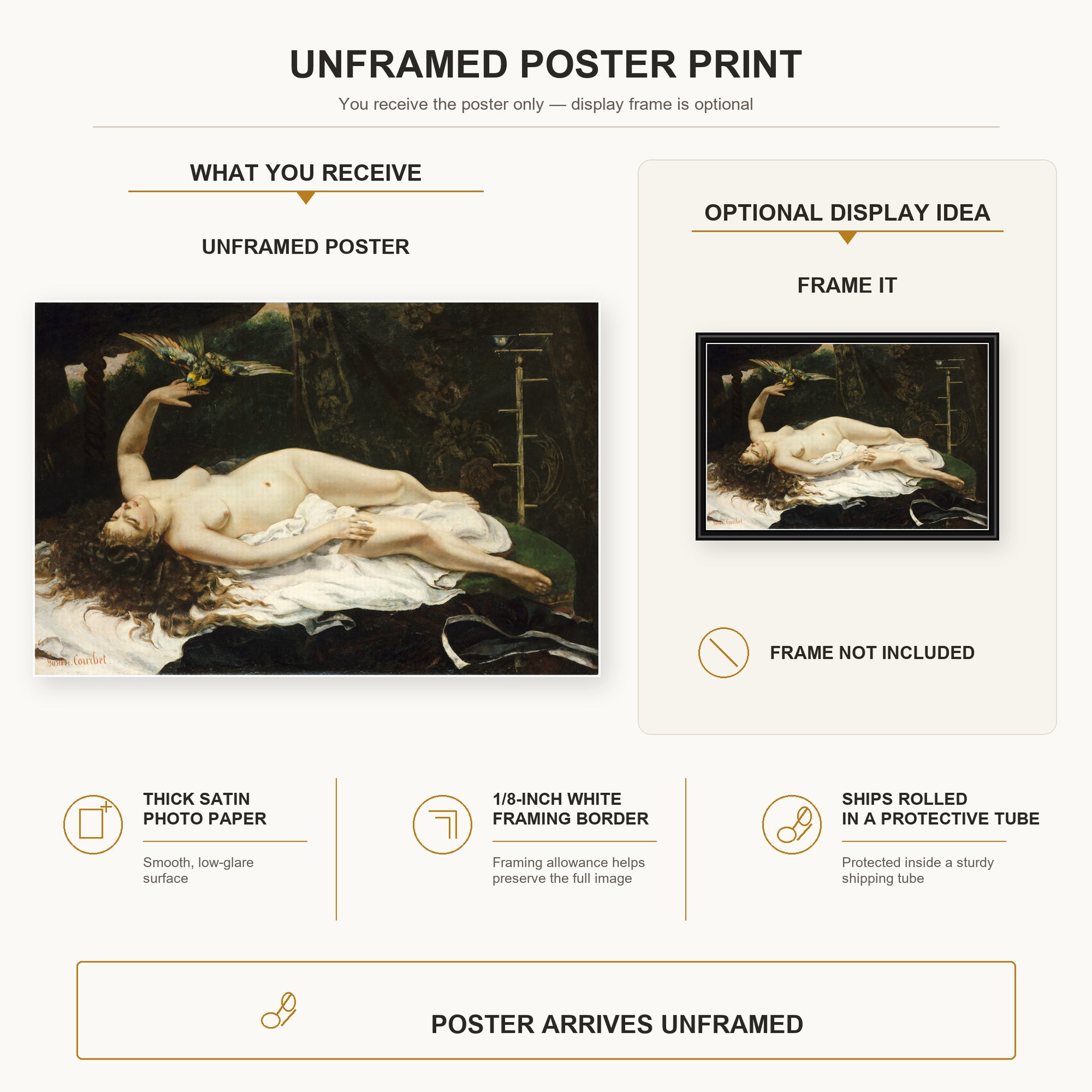 Gustave Courbet - Woman with a Parrot poster print size comparison and framing display infographic
