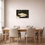Unframed poster print of Gustave Courbet's Woman with a Parrot displayed on a wall in a dining room