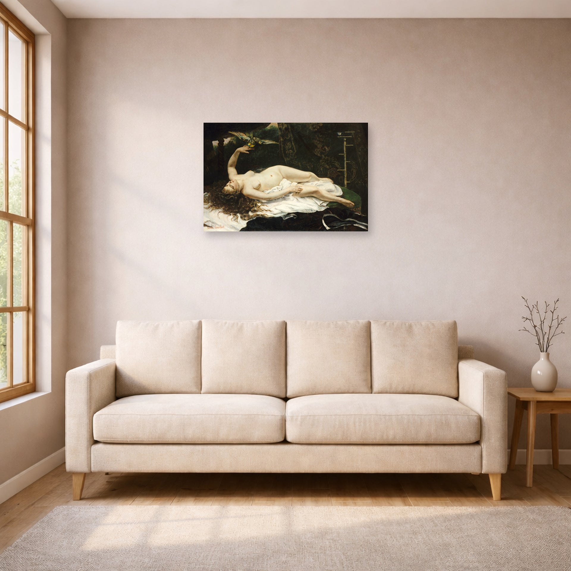 Unframed poster print of Gustave Courbet's Woman with a Parrot displayed on a wall in a living room