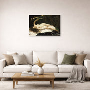 Unframed poster print of Gustave Courbet's Woman with a Parrot displayed on a wall in a living room