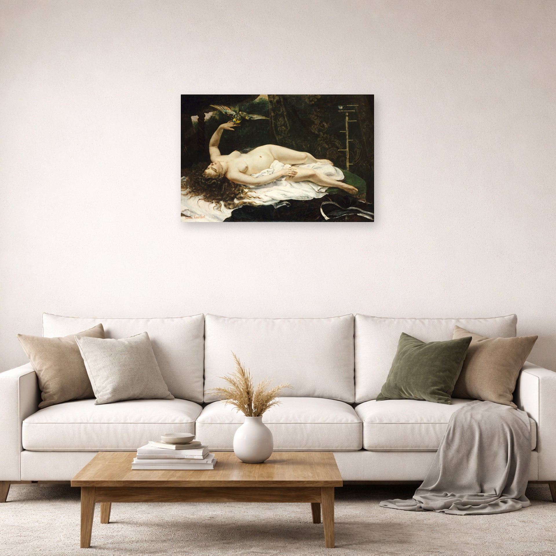 Unframed poster print of Gustave Courbet's Woman with a Parrot displayed on a wall in a living room