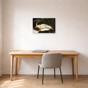 Unframed poster print of Gustave Courbet's Woman with a Parrot displayed on a wall in a home office