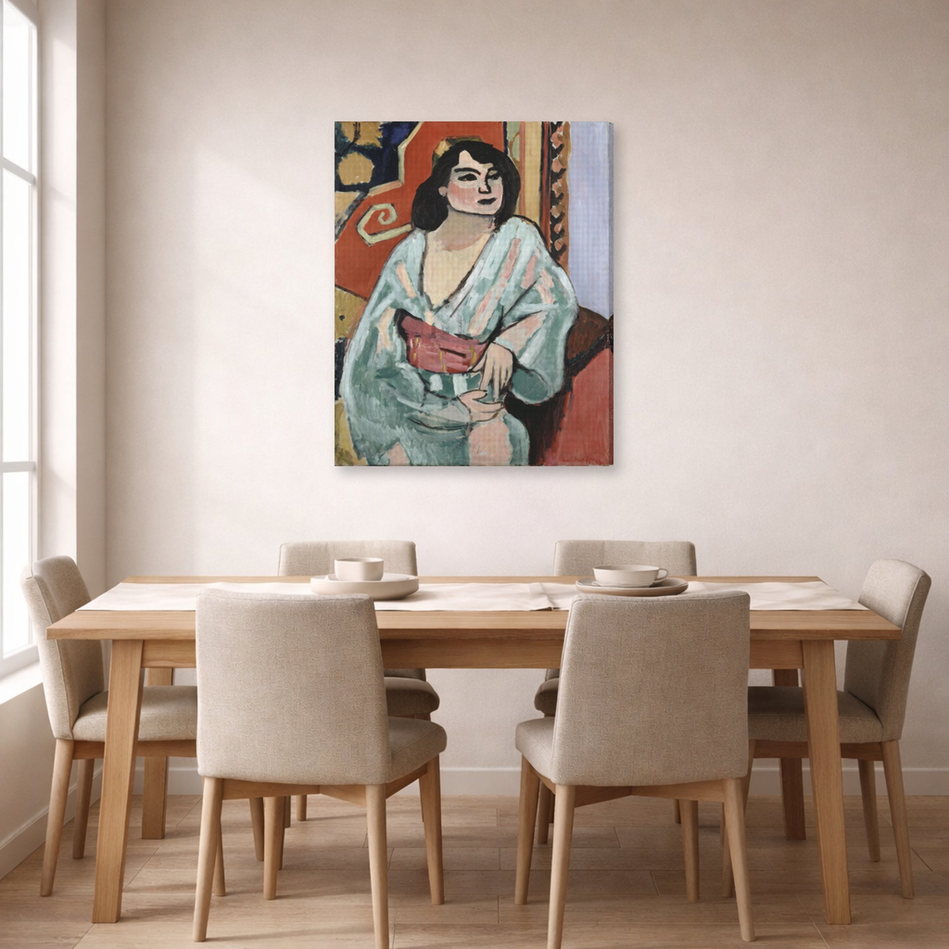 Gallery-wrapped canvas print of Henri Matisse's Algerian Woman hanging on a dining room wall
