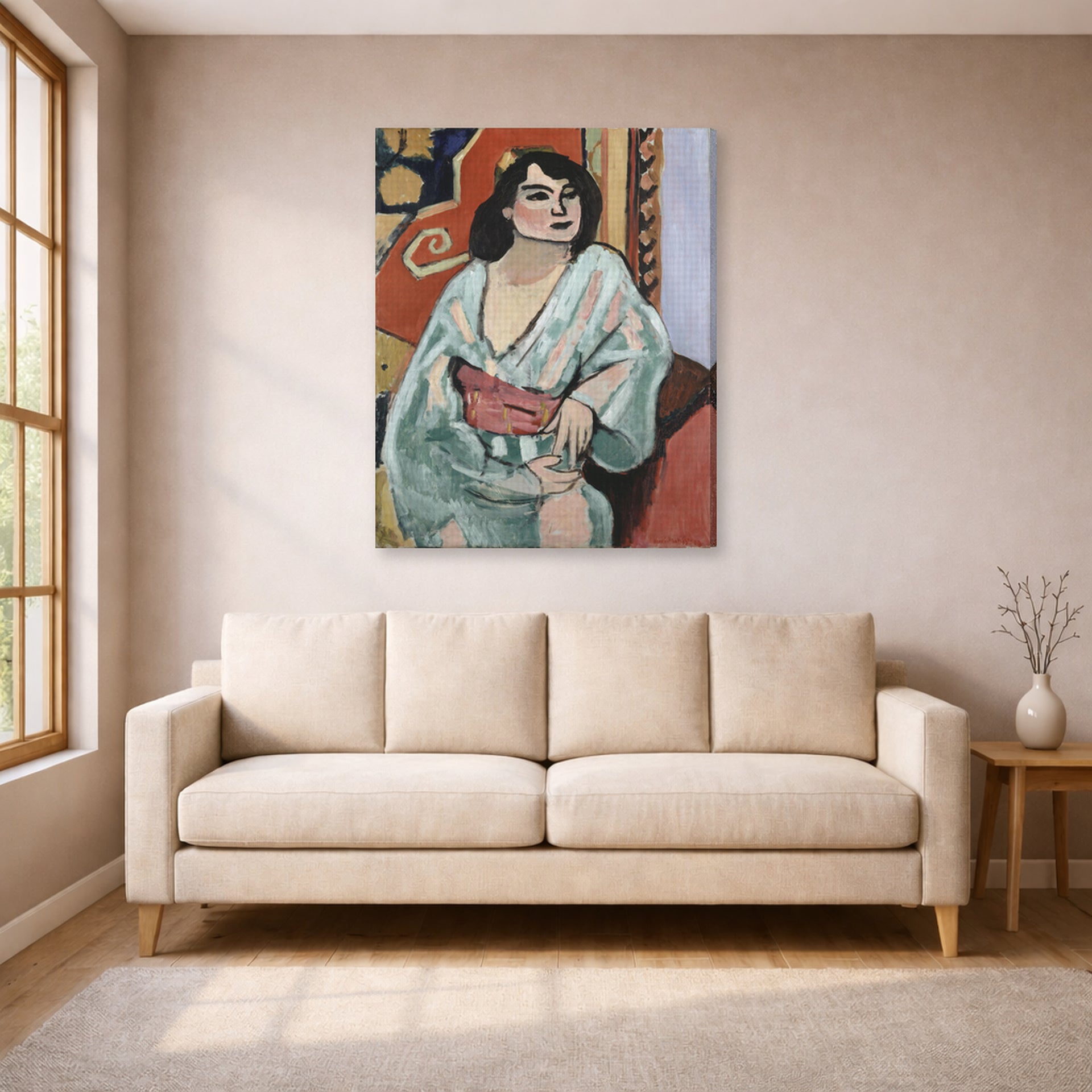 Gallery-wrapped canvas print of Henri Matisse's Algerian Woman hanging in a living room, view 1
