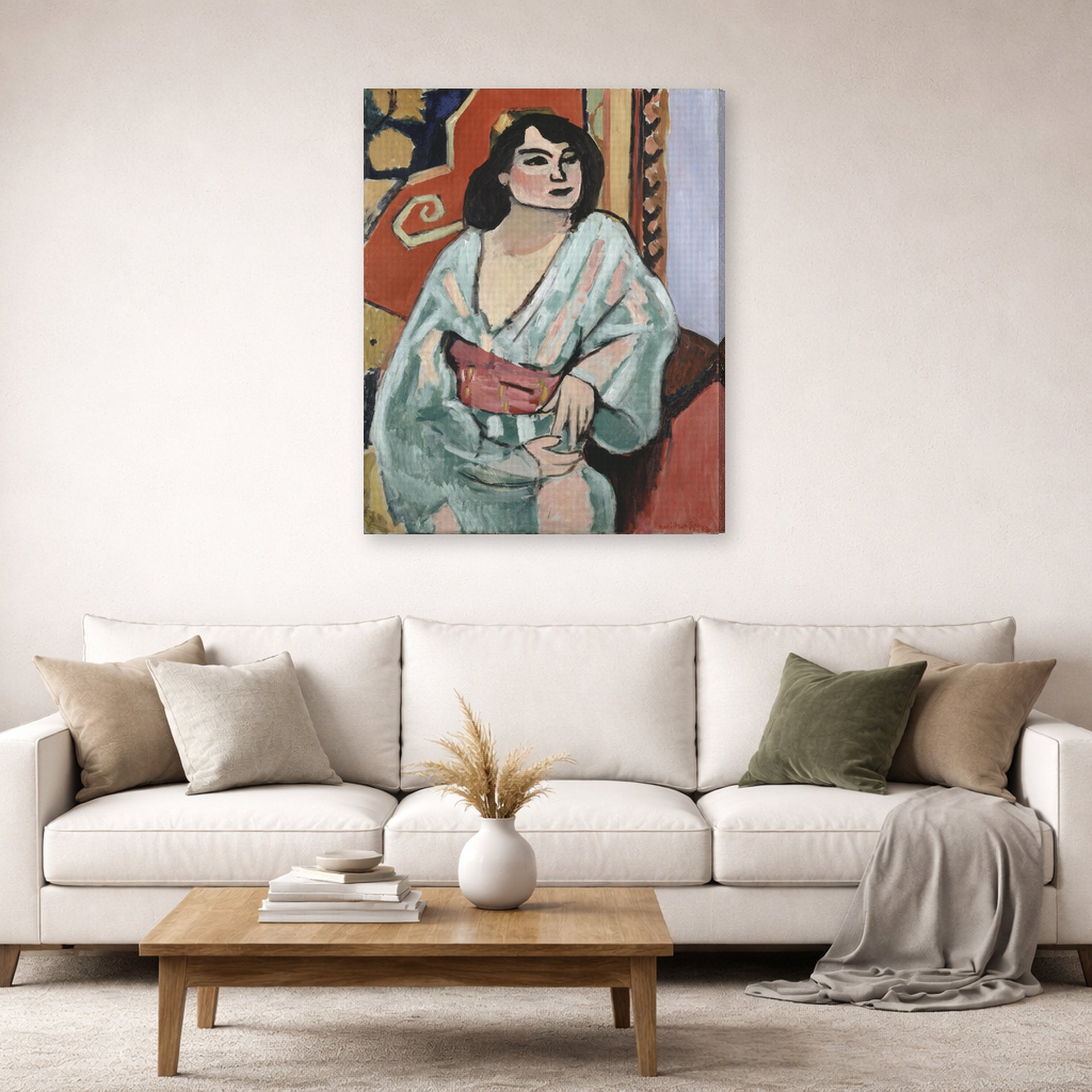 Gallery-wrapped canvas print of Henri Matisse's Algerian Woman hanging in a living room, view 2