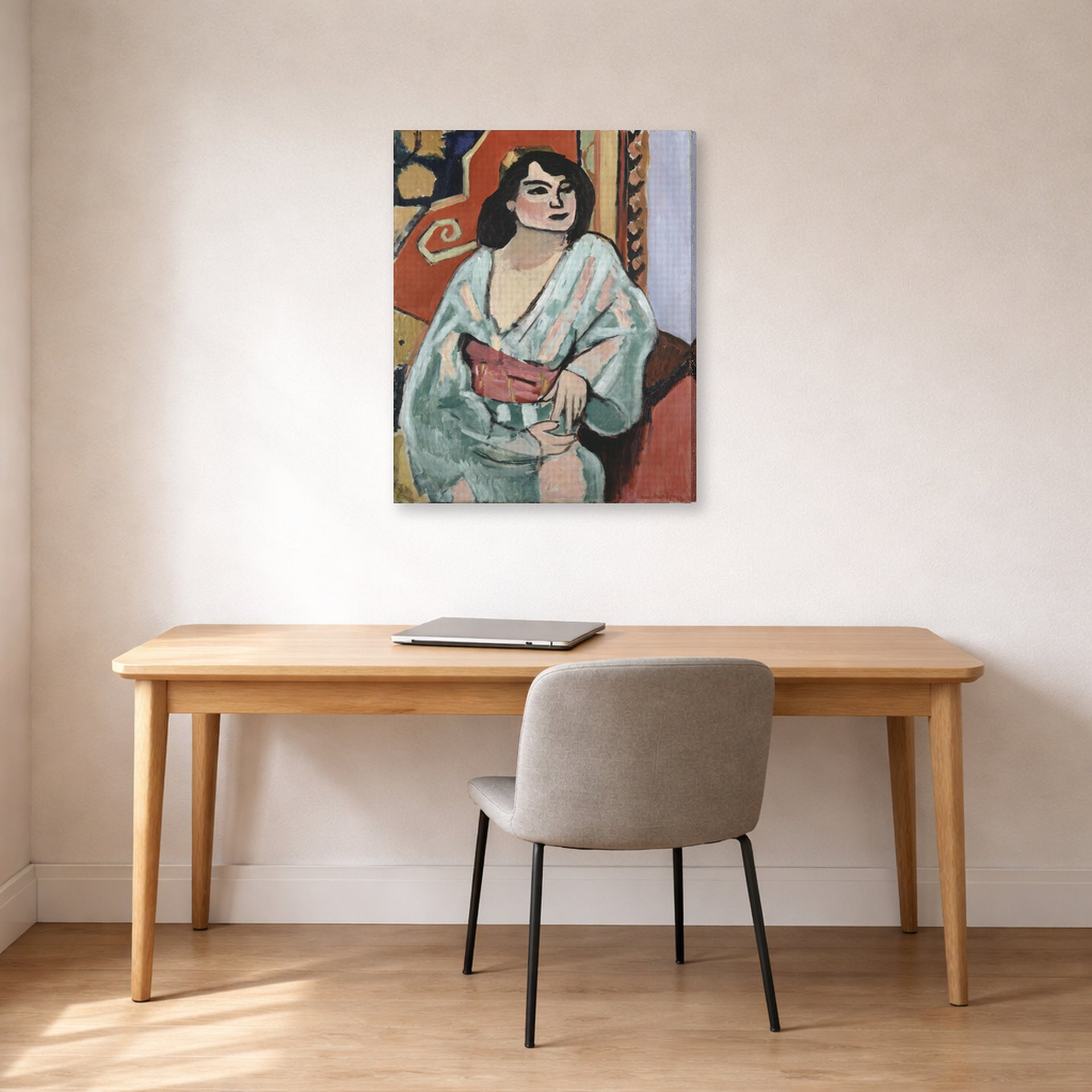 Gallery-wrapped canvas print of Henri Matisse's Algerian Woman hanging in a home office