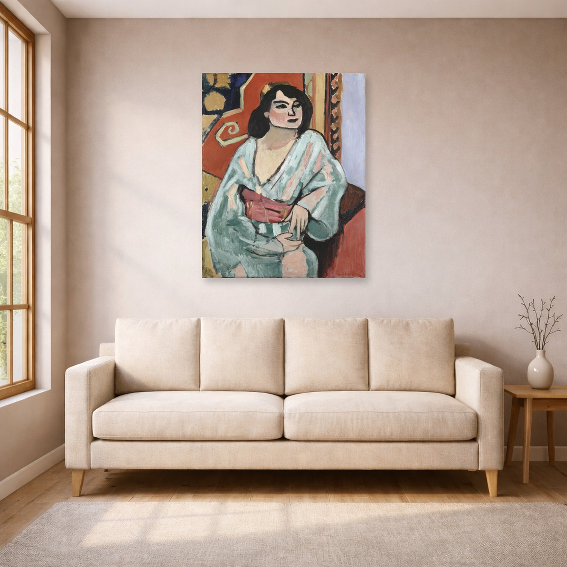 Unframed poster print of Henri Matisse's Algerian Woman displayed in a living room, view 1