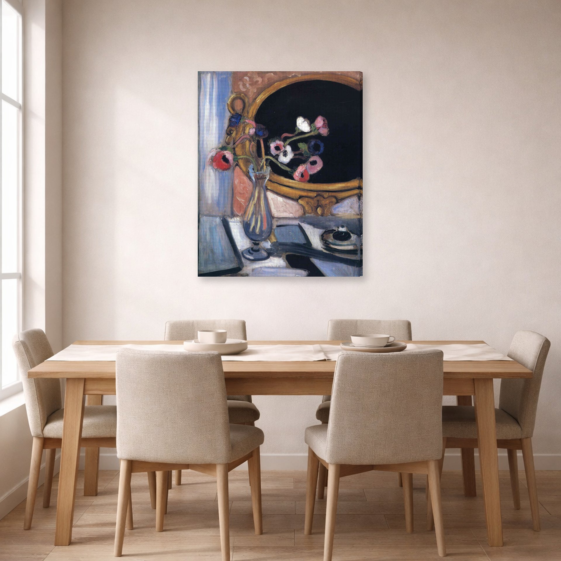 Gallery-wrapped canvas print of Henri Matisse's Anemone and Mirror hanging on a dining room wall