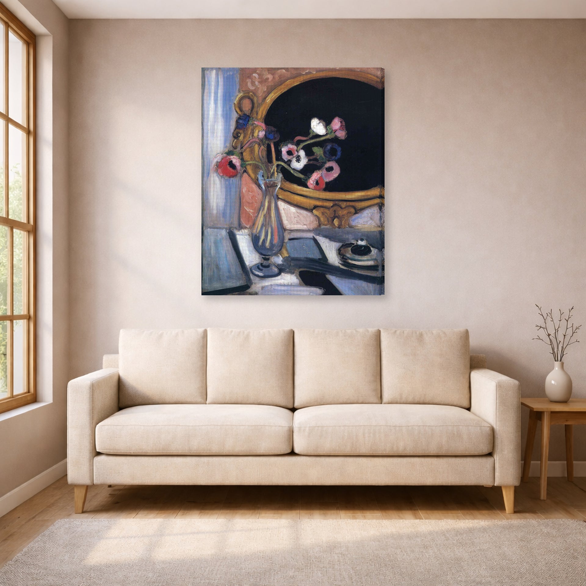 Gallery-wrapped canvas print of Henri Matisse's Anemone and Mirror hanging in a living room, view 1
