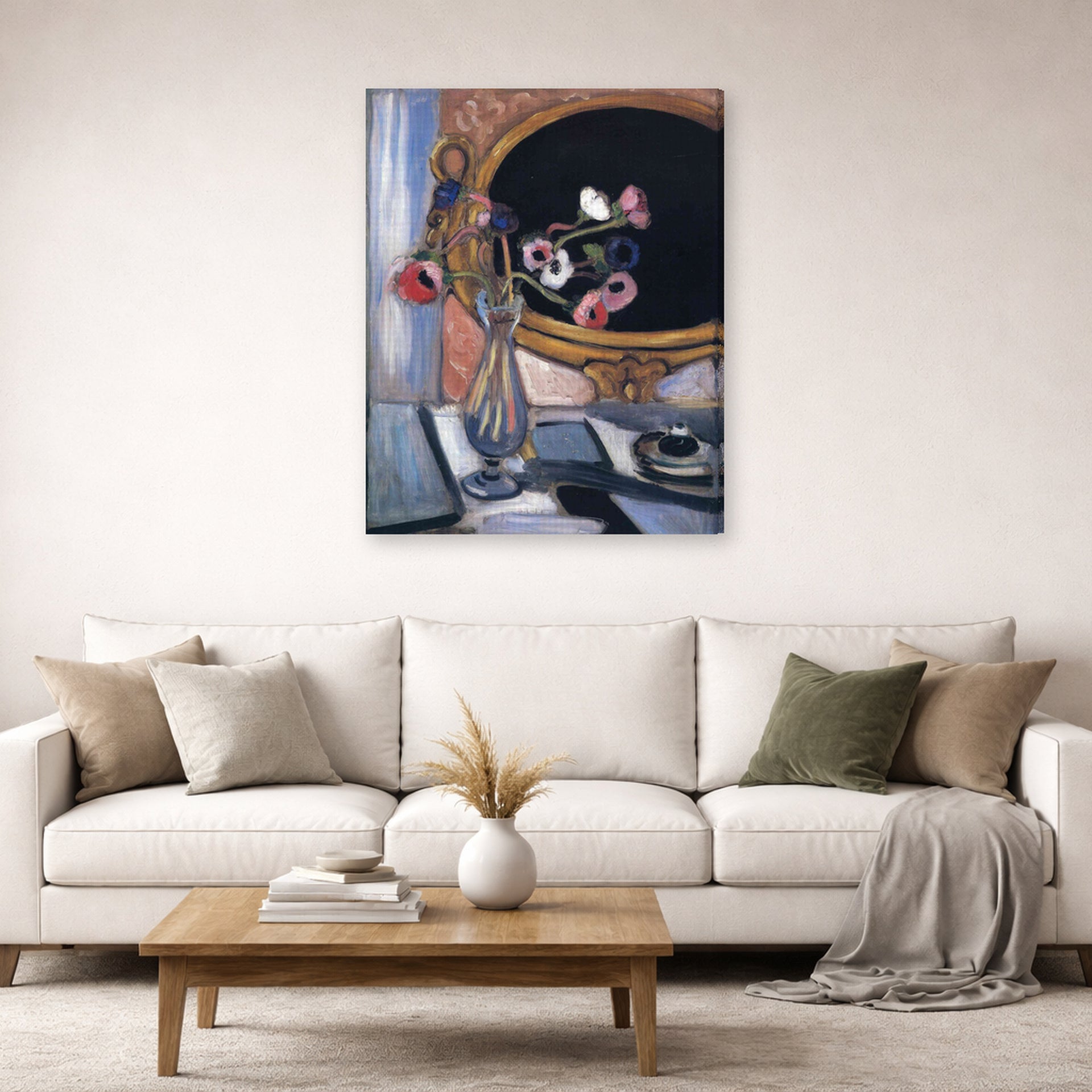 Gallery-wrapped canvas print of Henri Matisse's Anemone and Mirror hanging in a living room, view 2