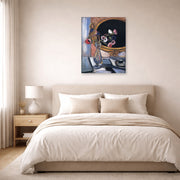 Unframed poster print of Henri Matisse's Anemone and Mirror displayed above a bed in a bedroom