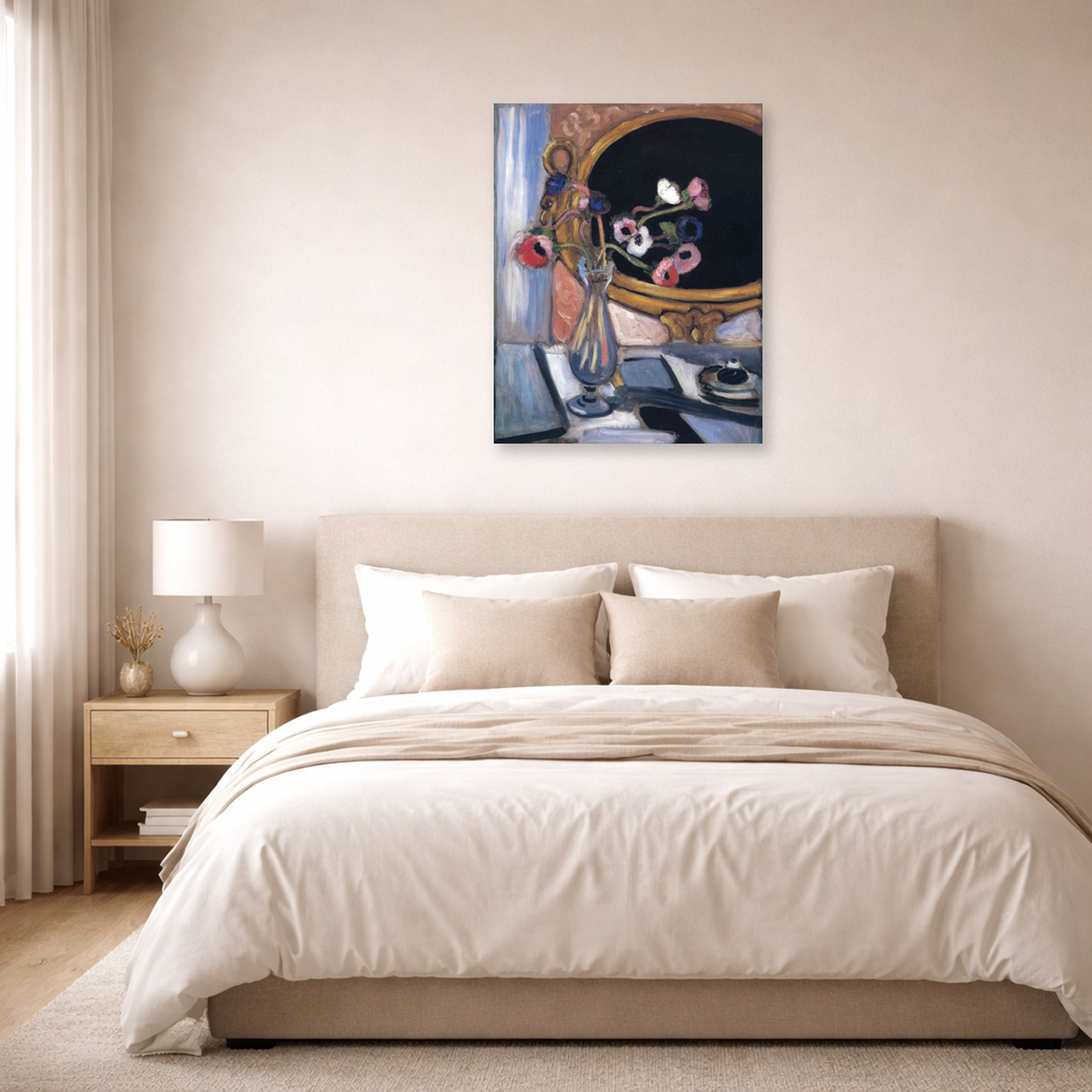 Unframed poster print of Henri Matisse's Anemone and Mirror displayed above a bed in a bedroom