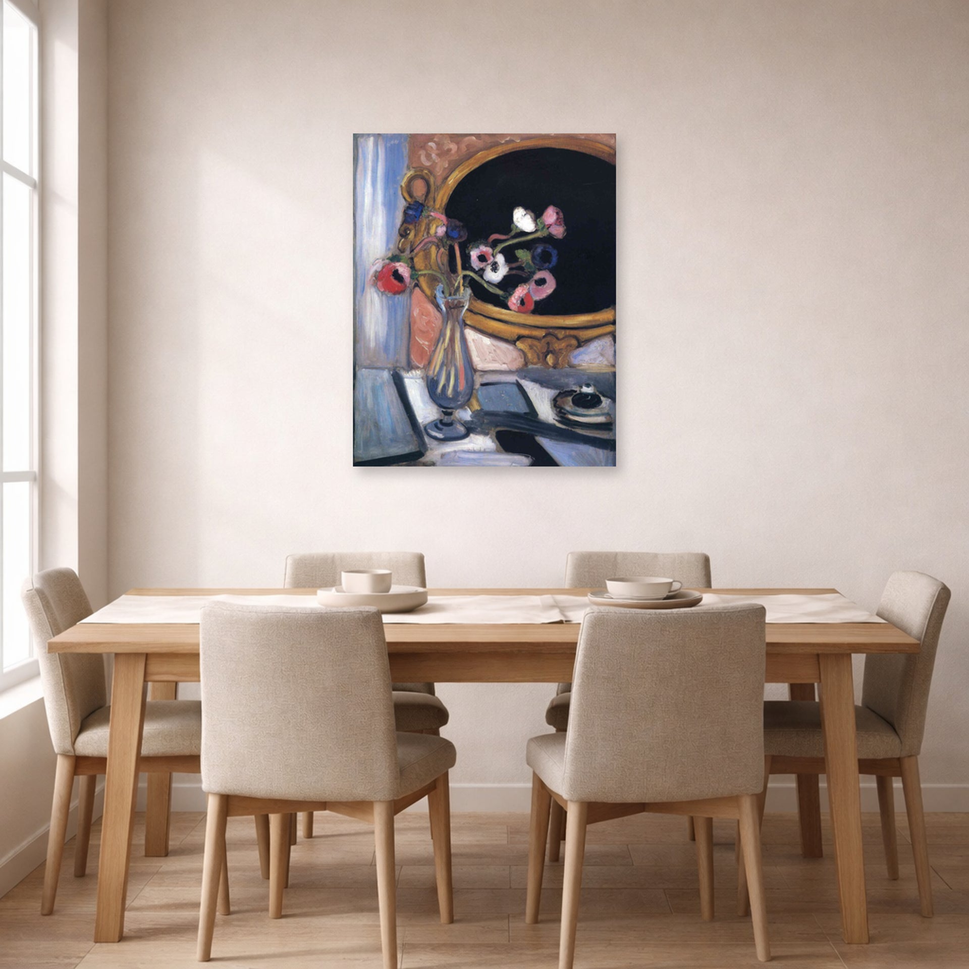 Unframed poster print of Henri Matisse's Anemone and Mirror displayed on a dining room wall