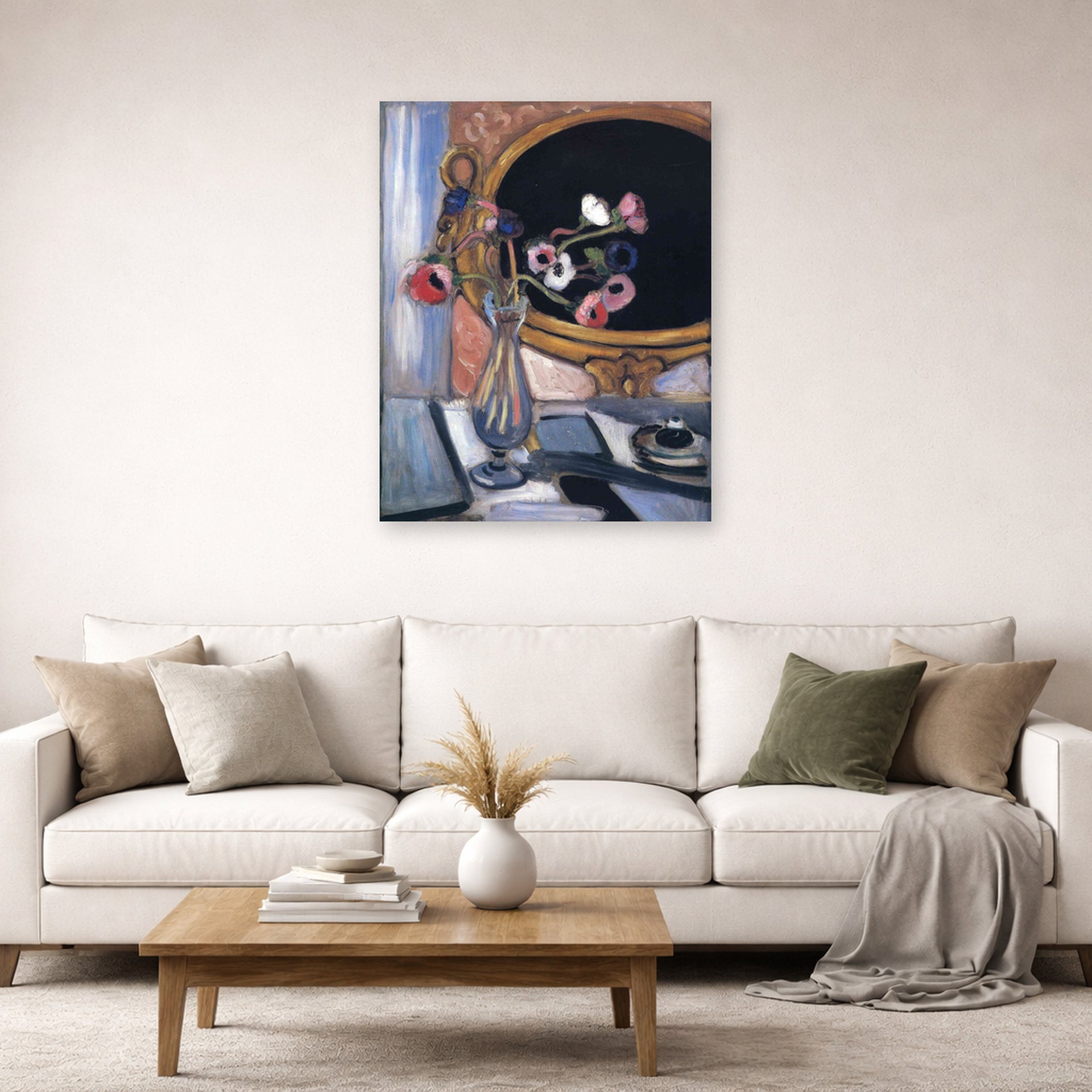 Unframed poster print of Henri Matisse's Anemone and Mirror displayed in a living room, view 2