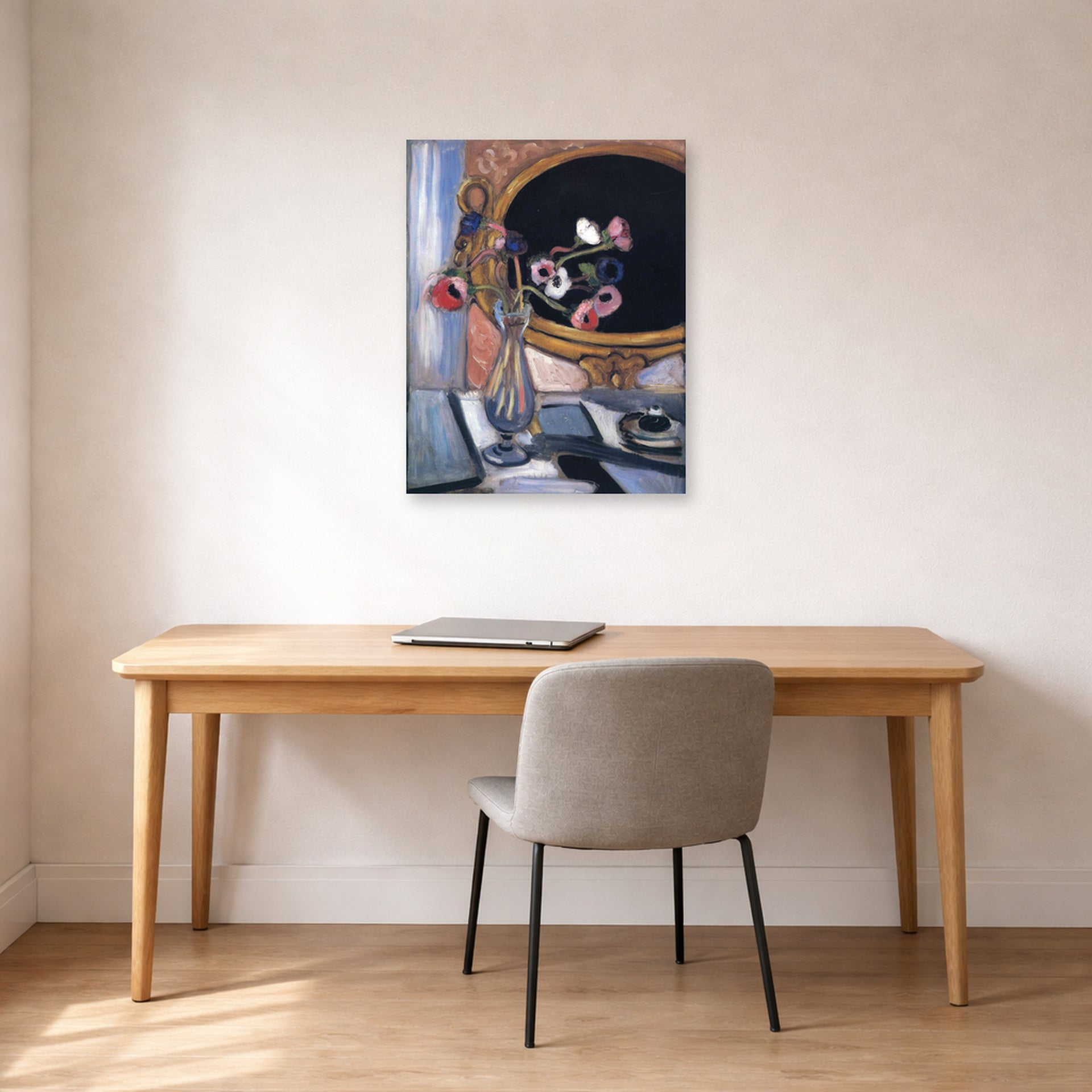 Unframed poster print of Henri Matisse's Anemone and Mirror displayed in a home office