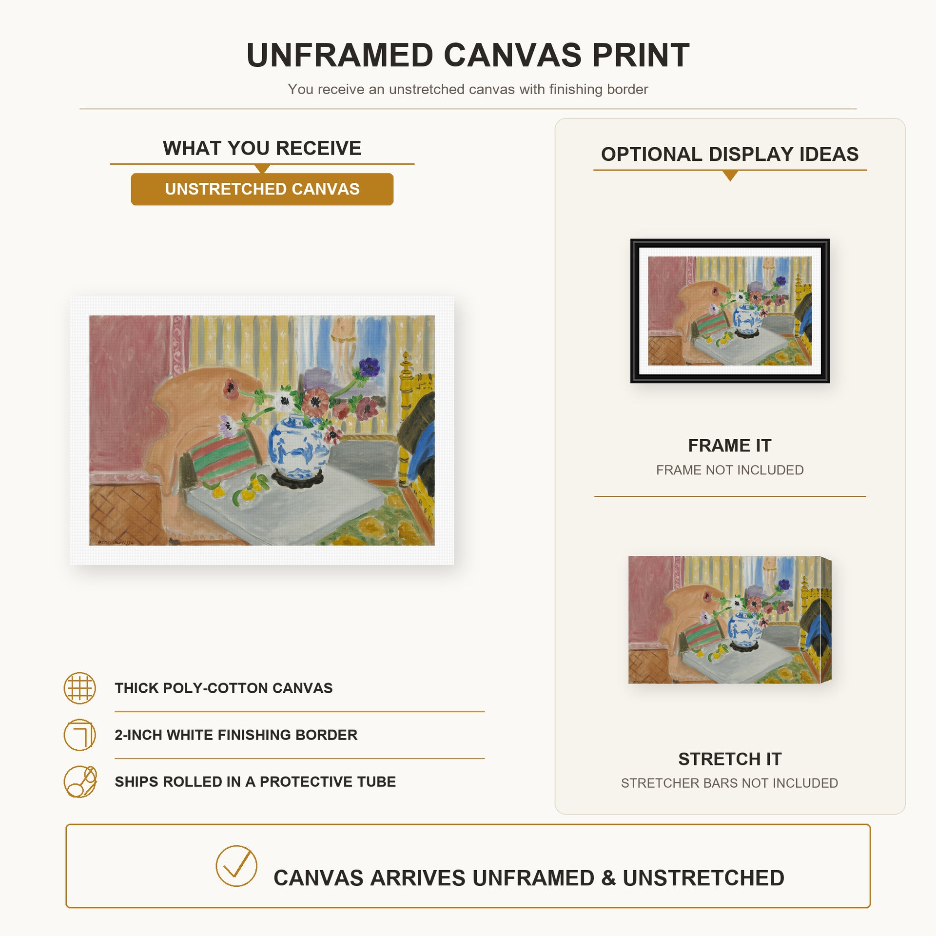 Henri Matisse - Anemones & Chinese Vase canvas print size comparison and framing display infographic