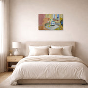 Gallery-wrapped canvas print of Henri Matisse's Anemones & Chinese Vase hanging above a bed in a bedroom