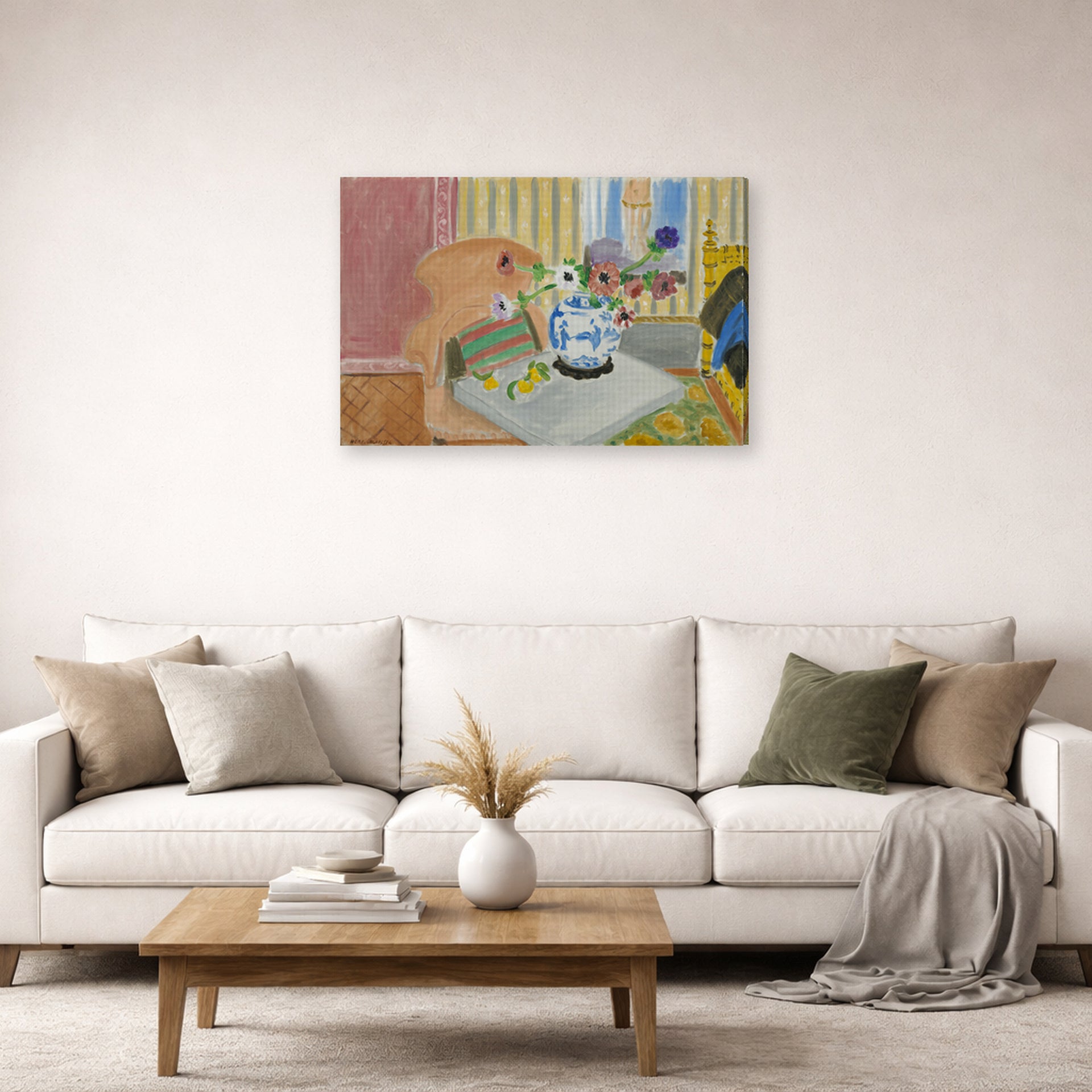 Gallery-wrapped canvas print of Henri Matisse's Anemones & Chinese Vase hanging in a living room, view 2