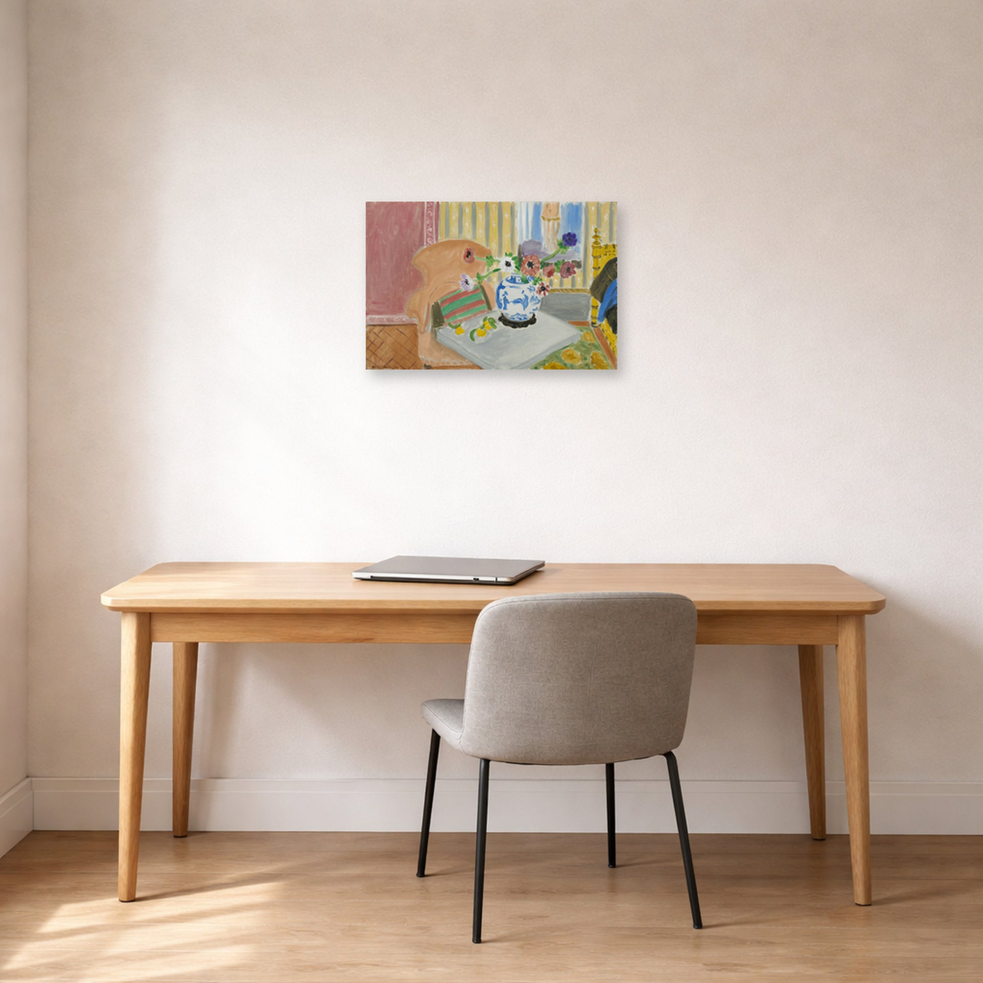 Unframed poster print of Henri Matisse's Anemones & Chinese Vase displayed in a home office