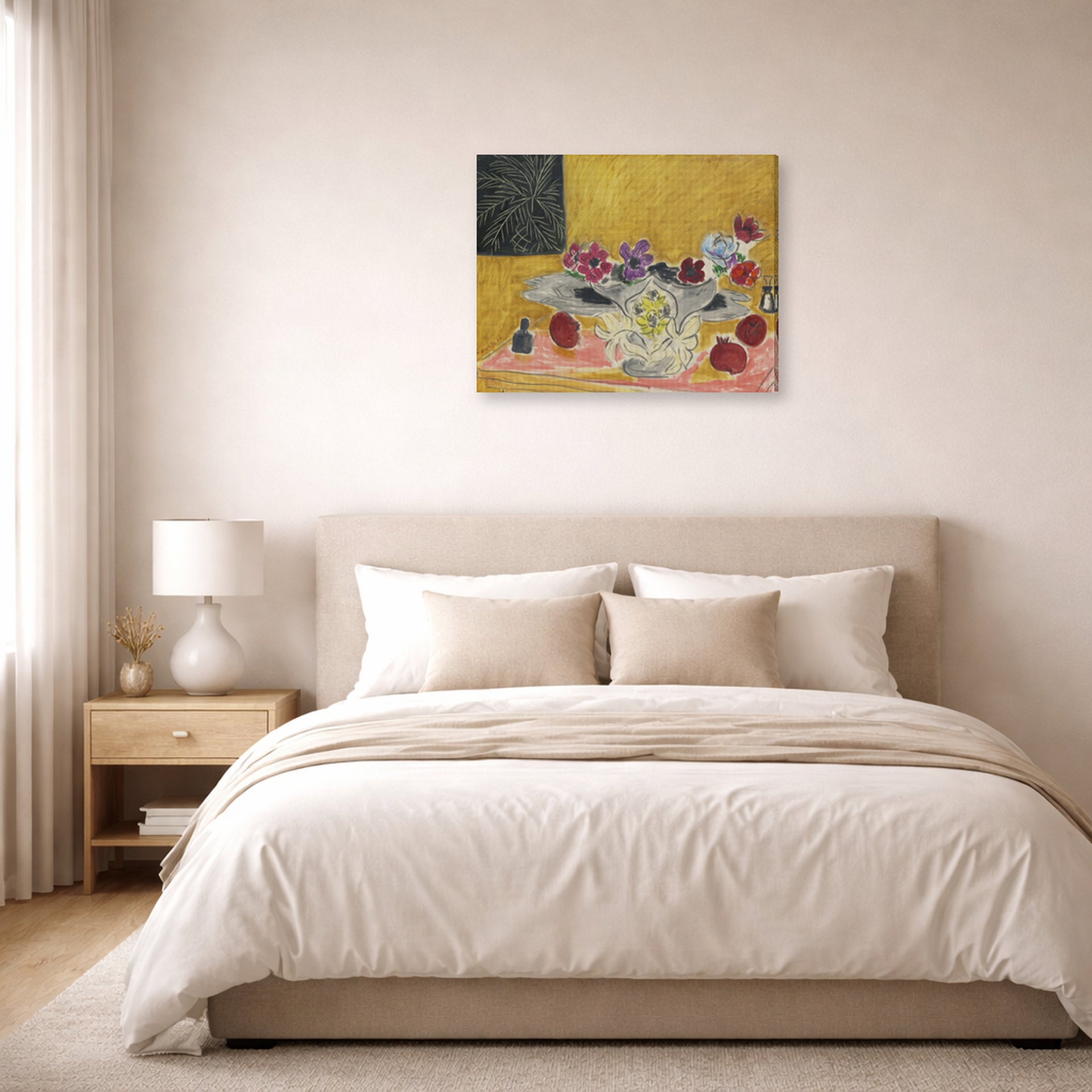 Gallery-wrapped canvas print of Henri Matisse's Anémones Et Grenades hanging above a bed in a bedroom