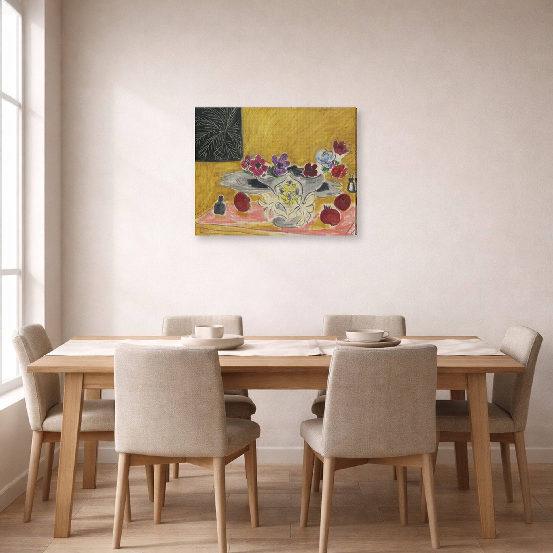 Gallery-wrapped canvas print of Henri Matisse's Anémones Et Grenades hanging on a dining room wall