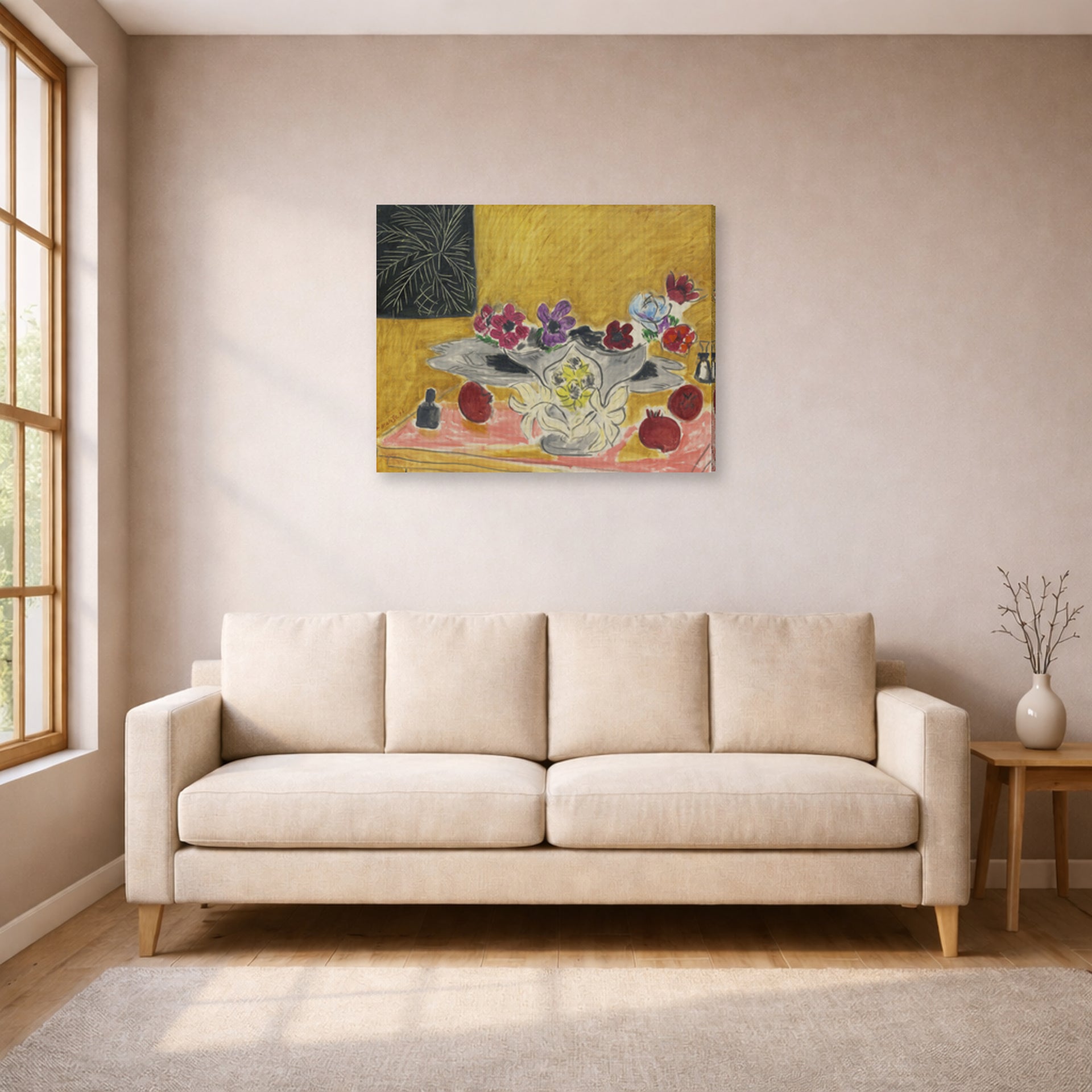 Gallery-wrapped canvas print of Henri Matisse's Anémones Et Grenades hanging in a living room, view 1