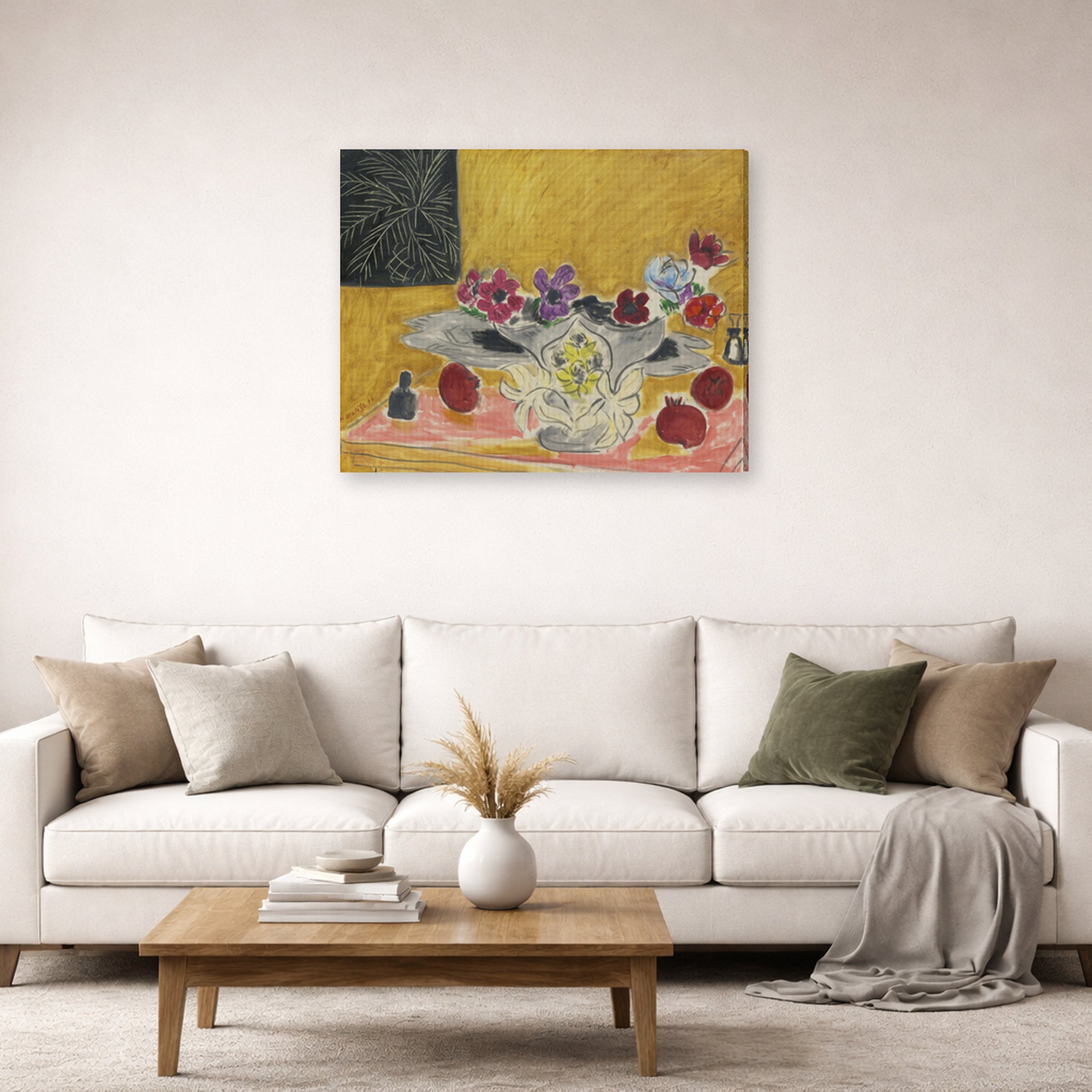 Gallery-wrapped canvas print of Henri Matisse's Anémones Et Grenades hanging in a living room, view 2