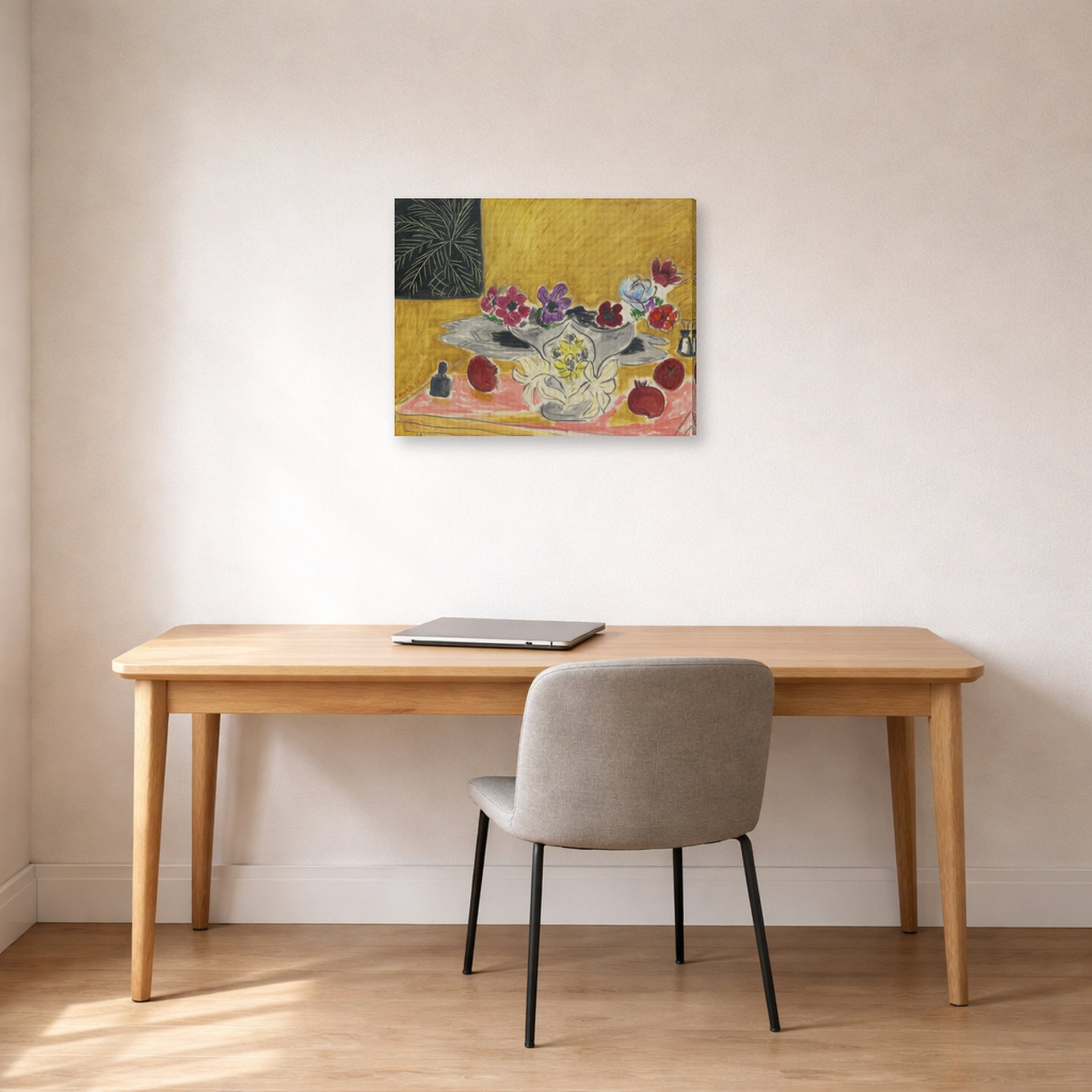 Gallery-wrapped canvas print of Henri Matisse's Anémones Et Grenades hanging in a home office