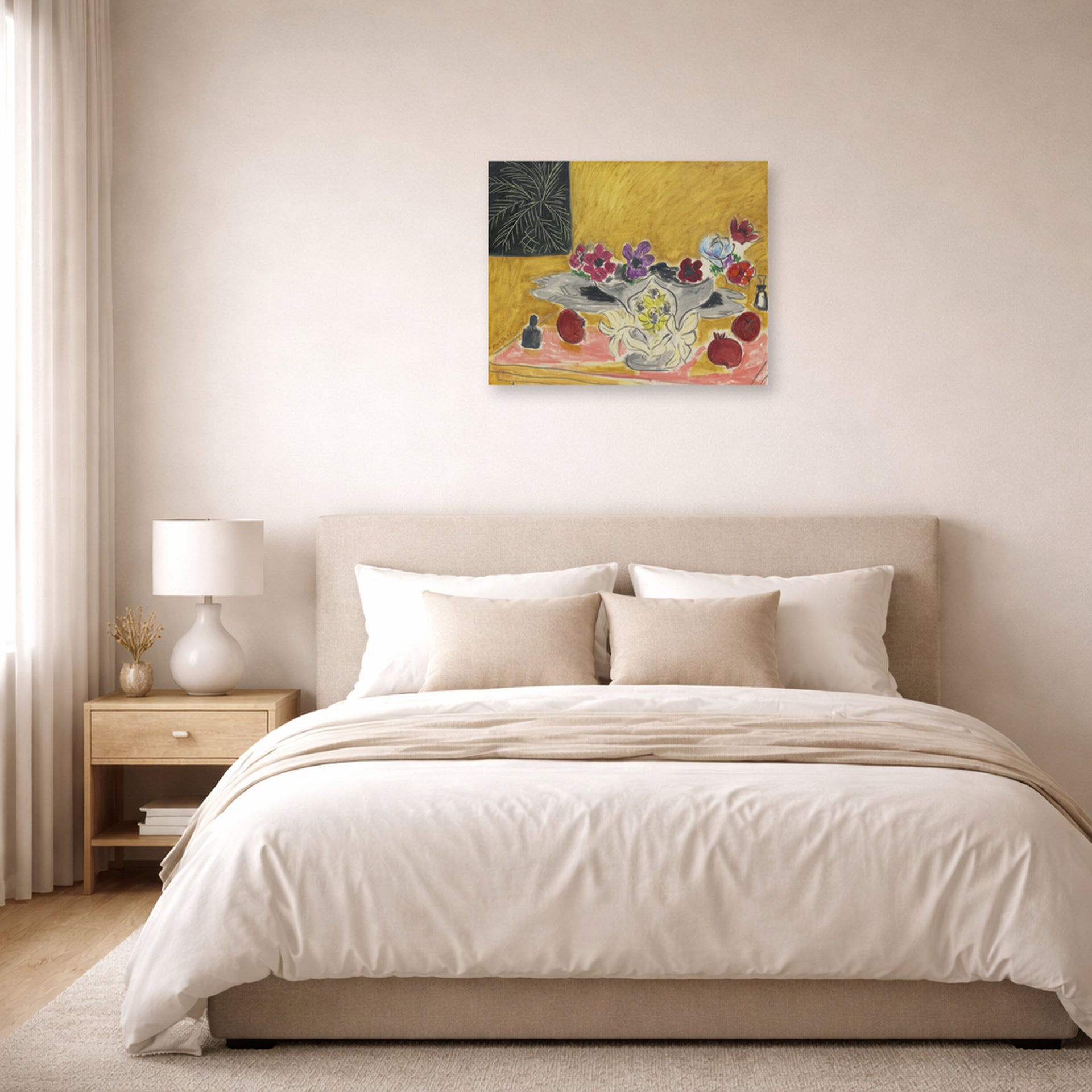 Unframed poster print of Henri Matisse's Anémones Et Grenades displayed above a bed in a bedroom