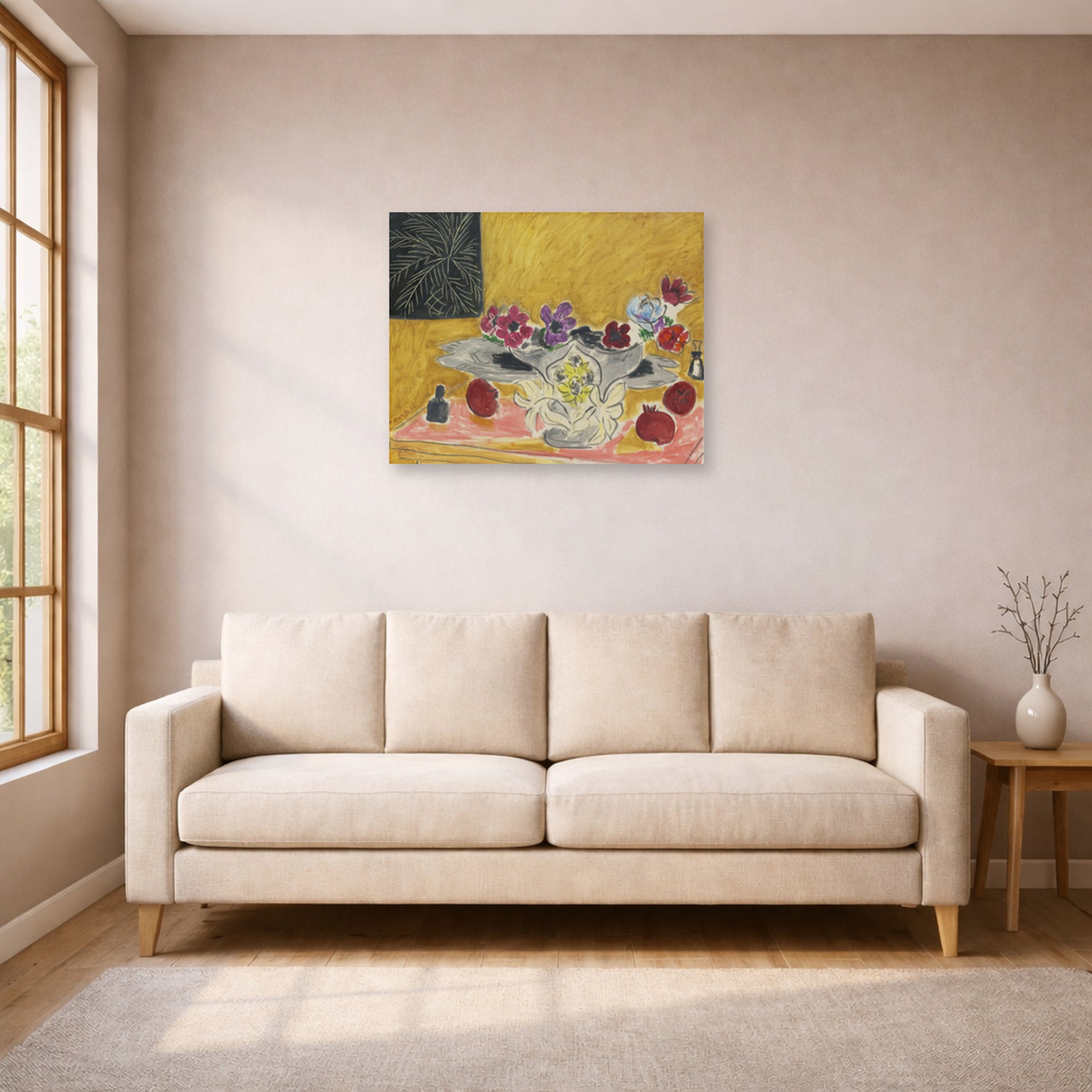 Unframed poster print of Henri Matisse's Anémones Et Grenades displayed in a living room, view 1