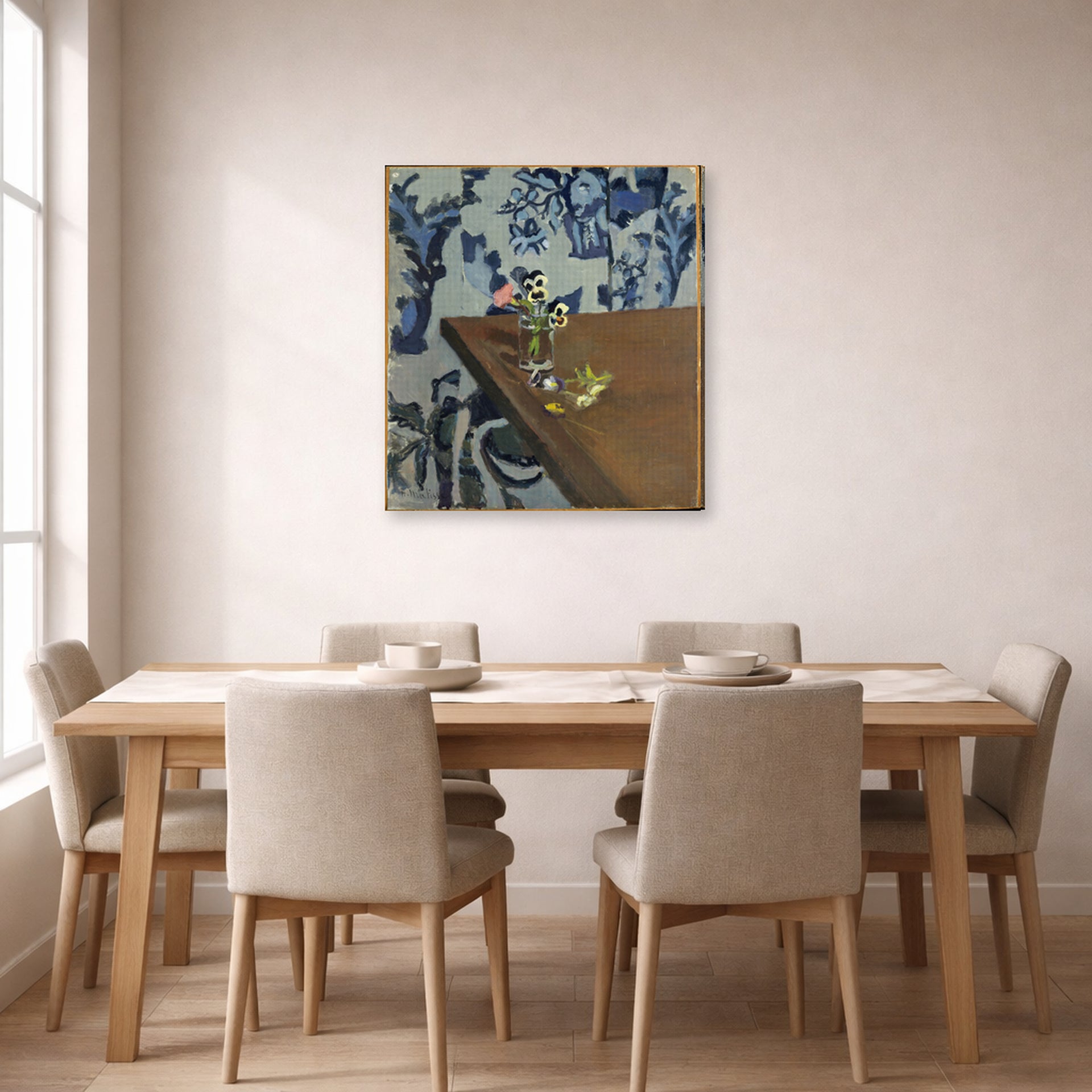 Gallery-wrapped canvas print of Henri Matisse's Angle Table (violets) hanging on a dining room wall