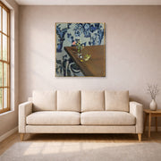 Gallery-wrapped canvas print of Henri Matisse's Angle Table (violets) hanging in a living room, view 1