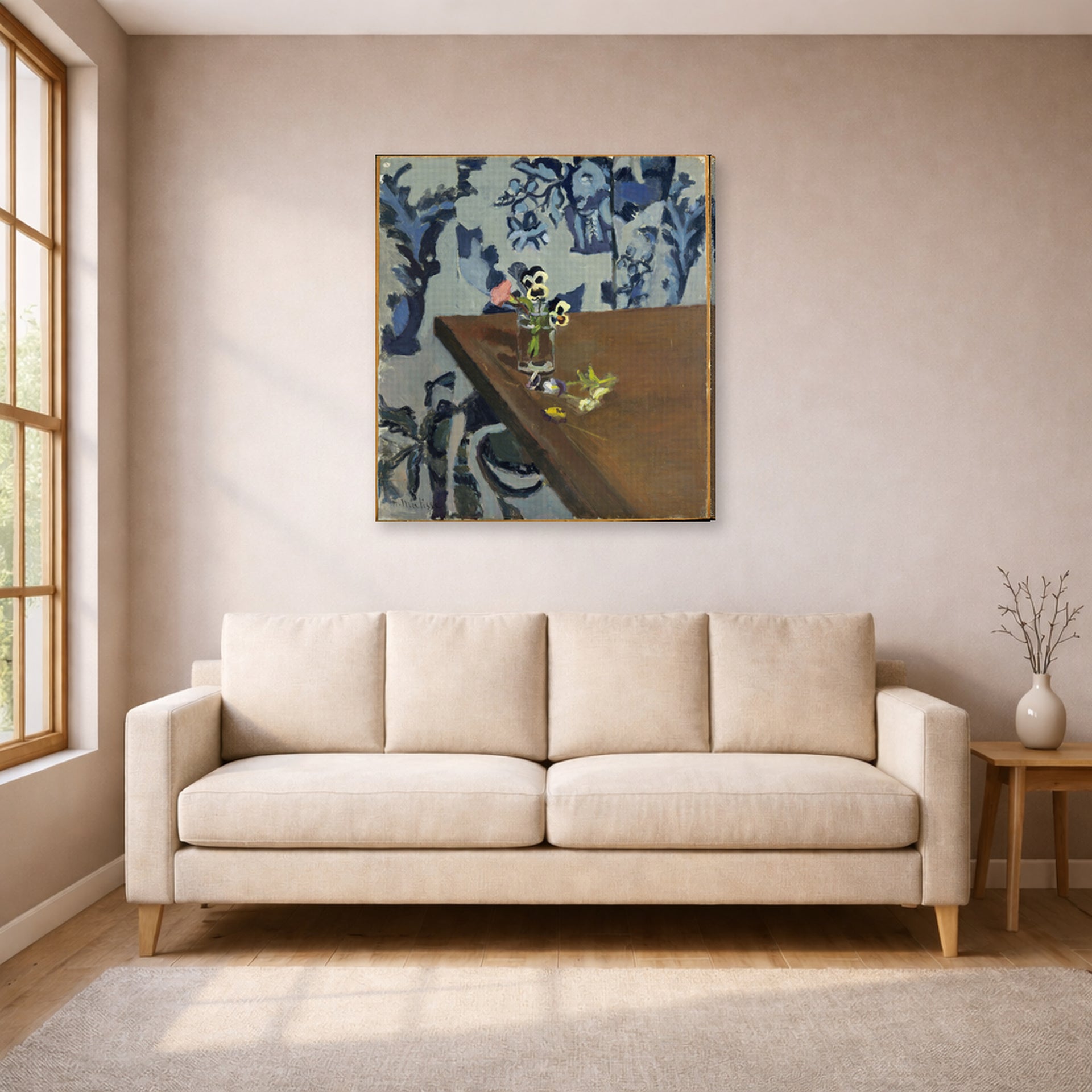 Gallery-wrapped canvas print of Henri Matisse's Angle Table (violets) hanging in a living room, view 1