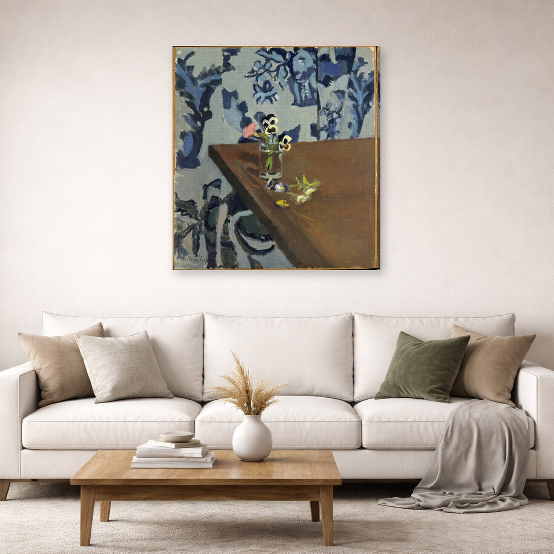 Gallery-wrapped canvas print of Henri Matisse's Angle Table (violets) hanging in a living room, view 2