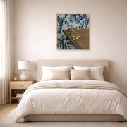 Unframed poster print of Henri Matisse's Angle Table (violets) displayed above a bed in a bedroom