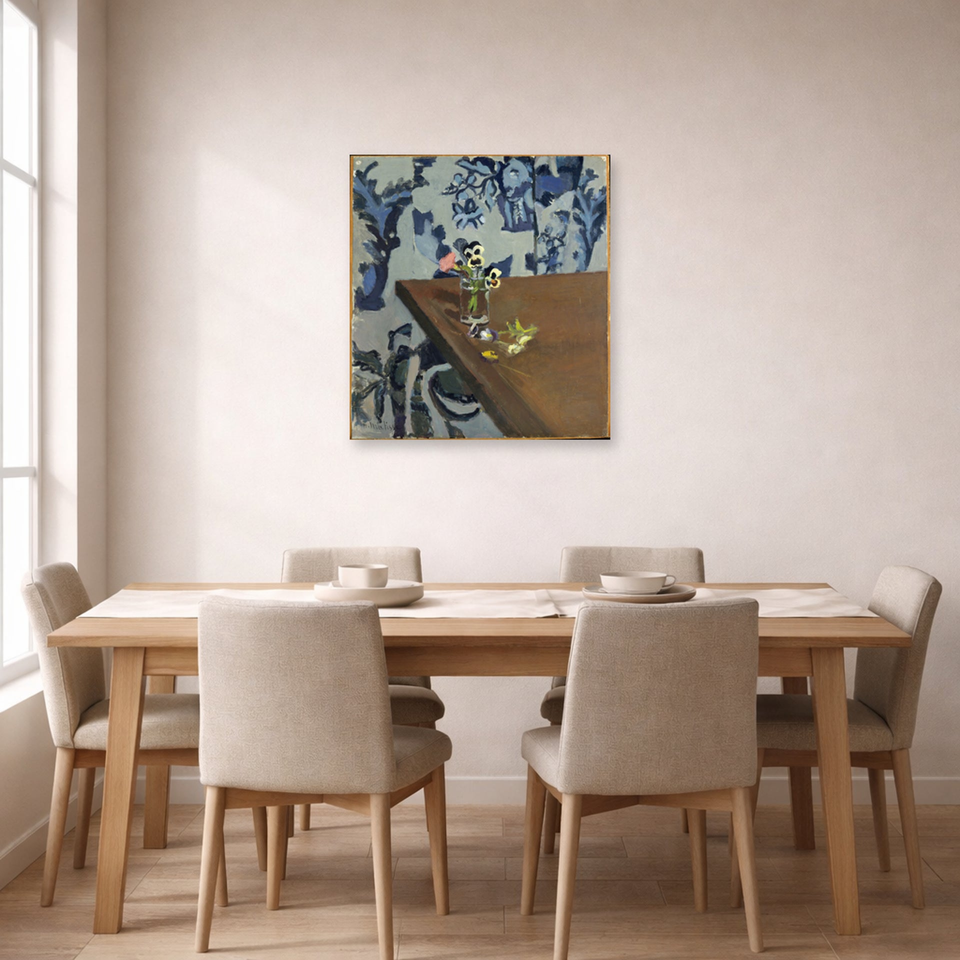 Unframed poster print of Henri Matisse's Angle Table (violets) displayed on a dining room wall