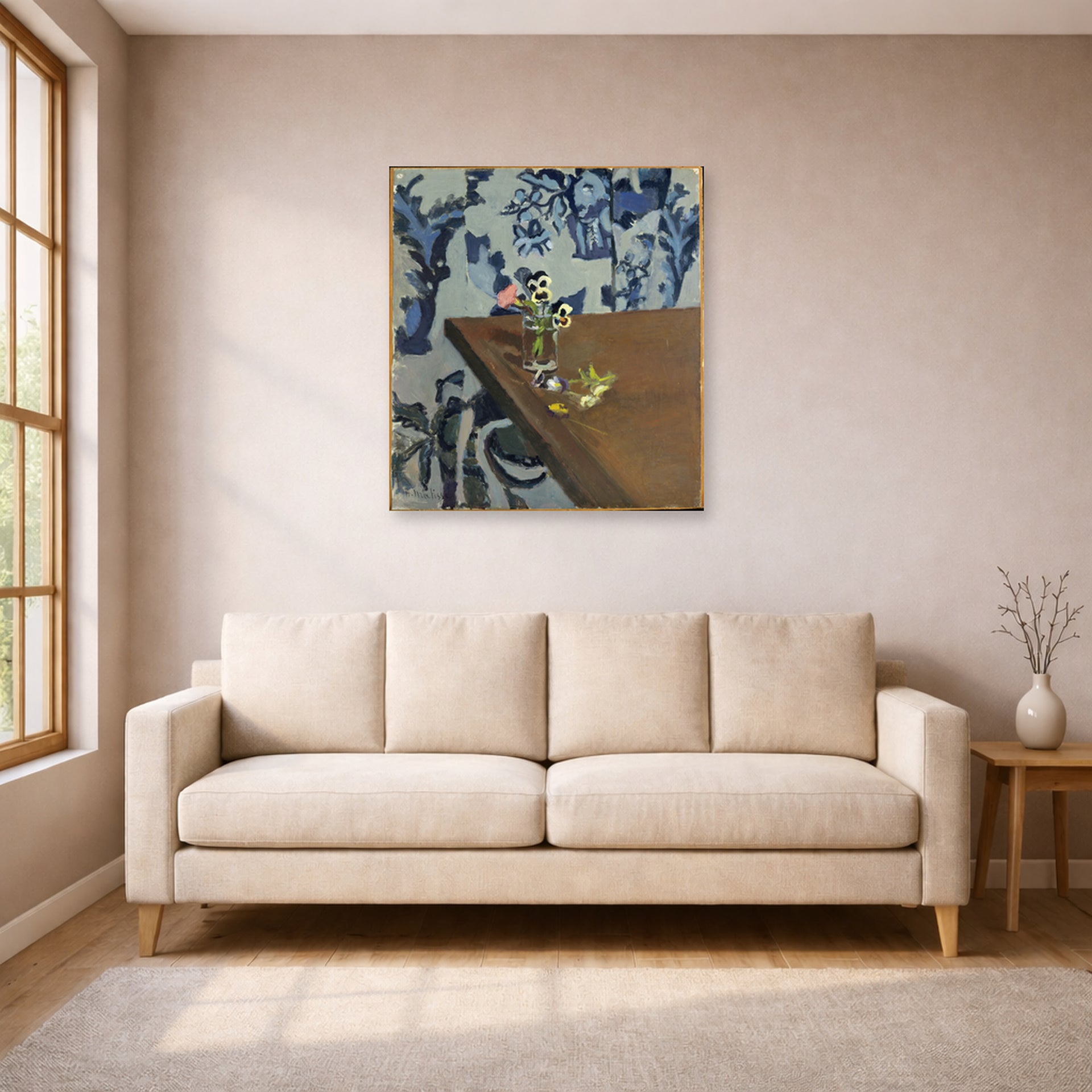 Unframed poster print of Henri Matisse's Angle Table (violets) displayed in a living room, view 1