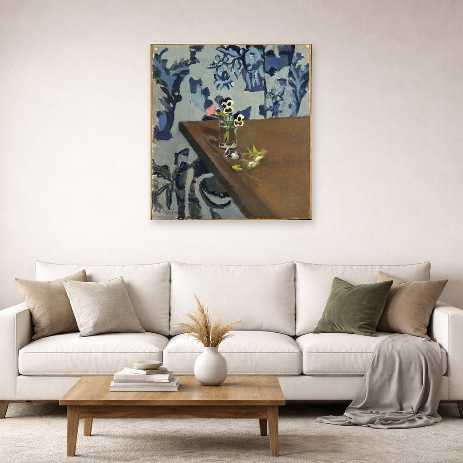 Unframed poster print of Henri Matisse's Angle Table (violets) displayed in a living room, view 2