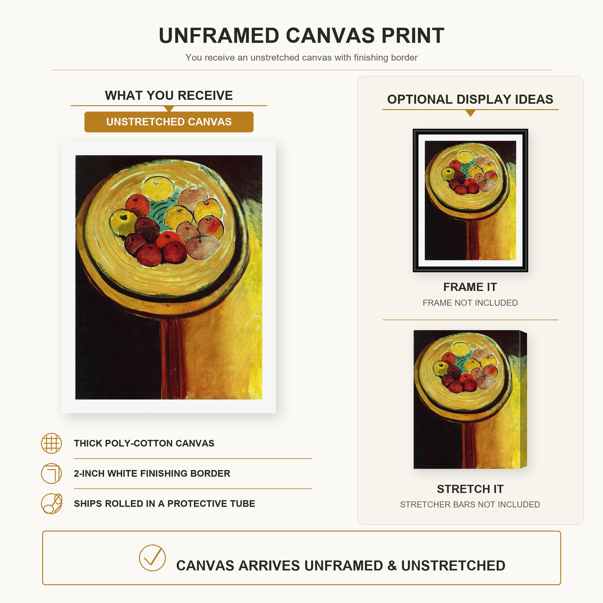 Henri Matisse - Apples canvas print size comparison and framing display infographic