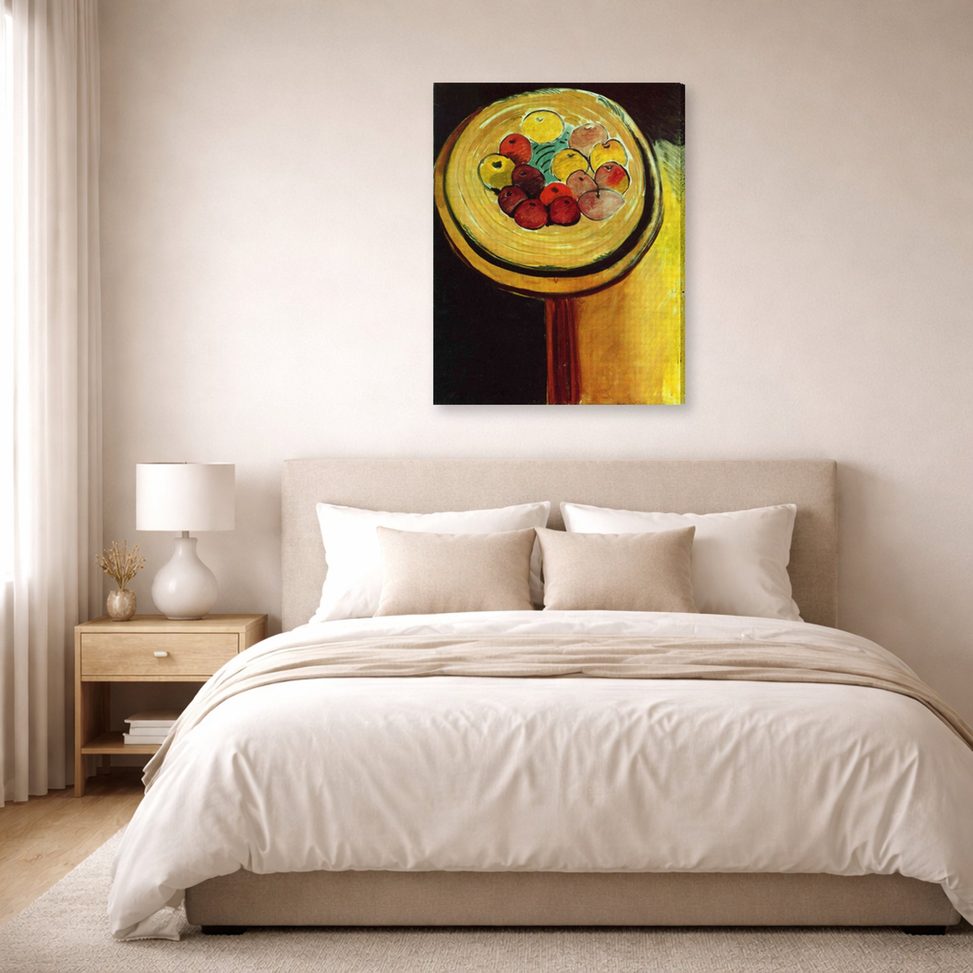 Gallery-wrapped canvas print of Henri Matisse's Apples hanging above a bed in a bedroom