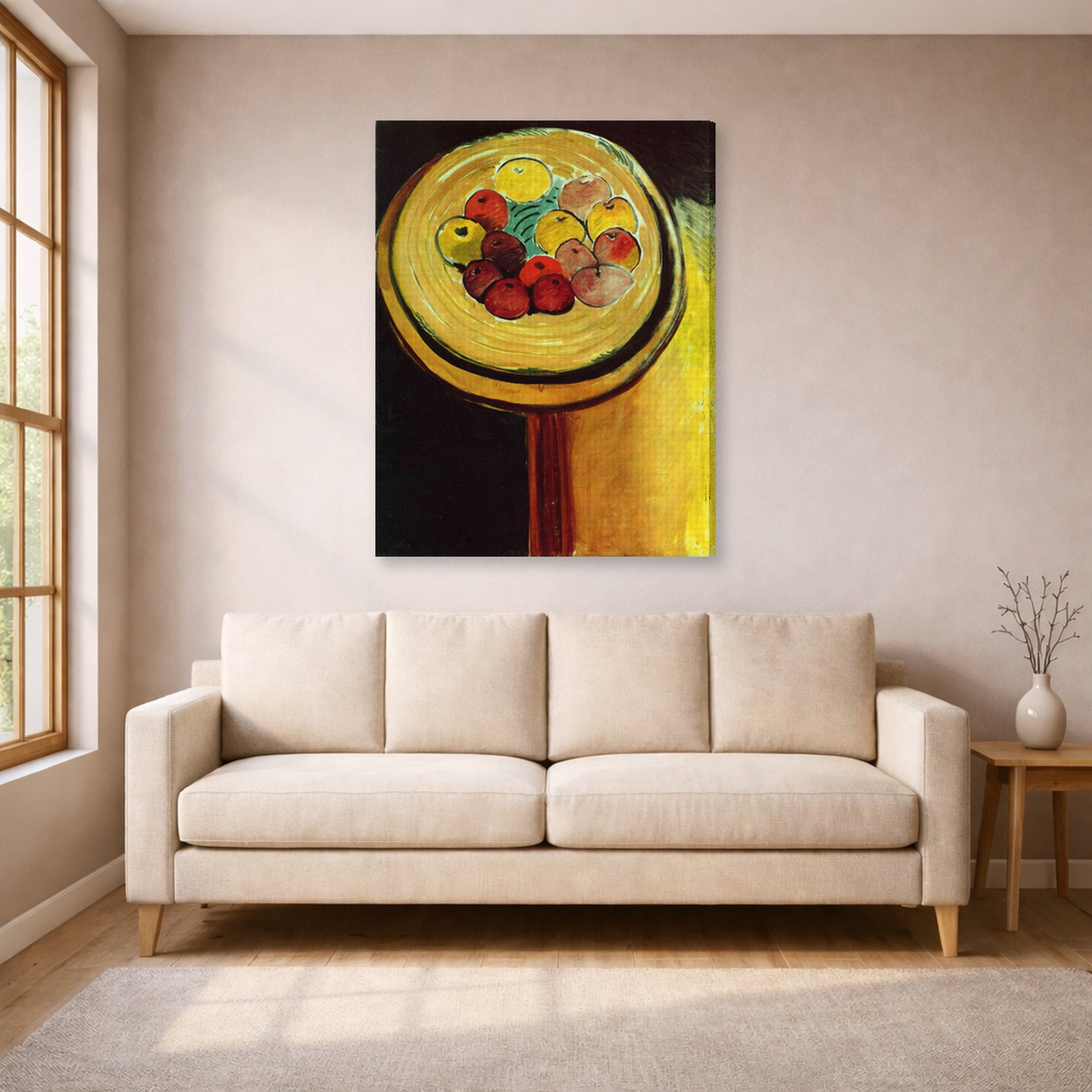 Gallery-wrapped canvas print of Henri Matisse's Apples hanging in a living room, view 1